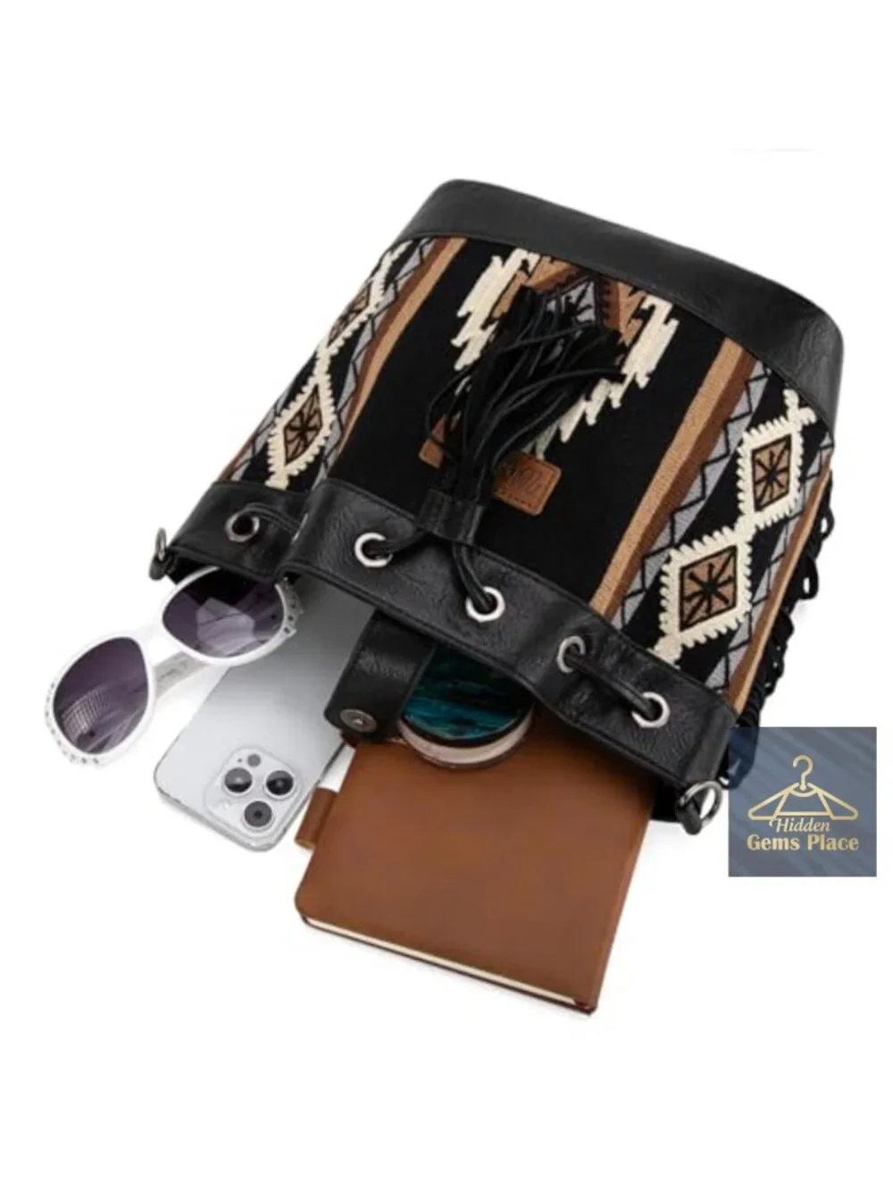 Vegan Leather Bucket Bag with Aztec Pattern Crossbody Hobo